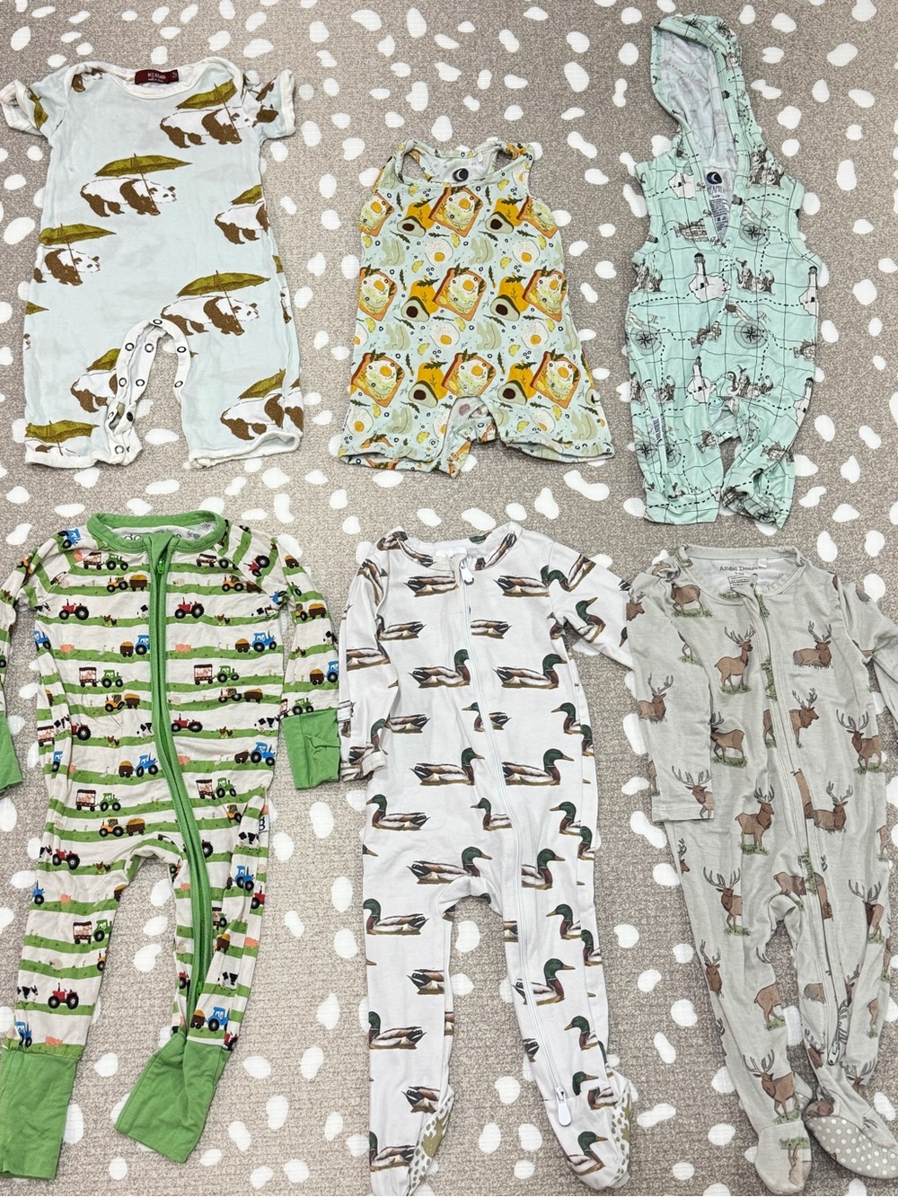 Lot of 6 bamboo zippy footies romper sleeper mallard ducks deer buck baby boy